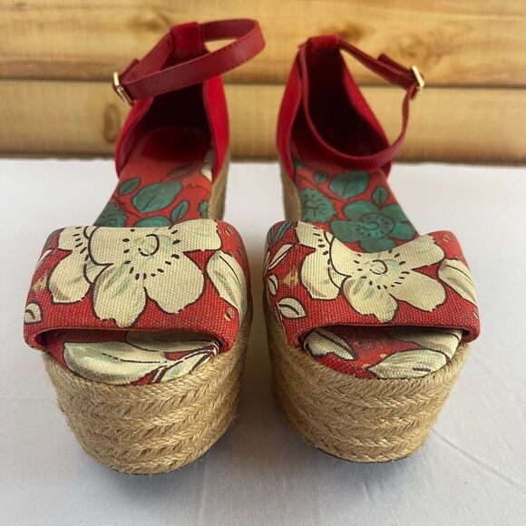 Tory Burch Sherri 9 M Leather Espadrille Wedge Platform Heel Peep Toe Red Floral - Picture 2 of 8
